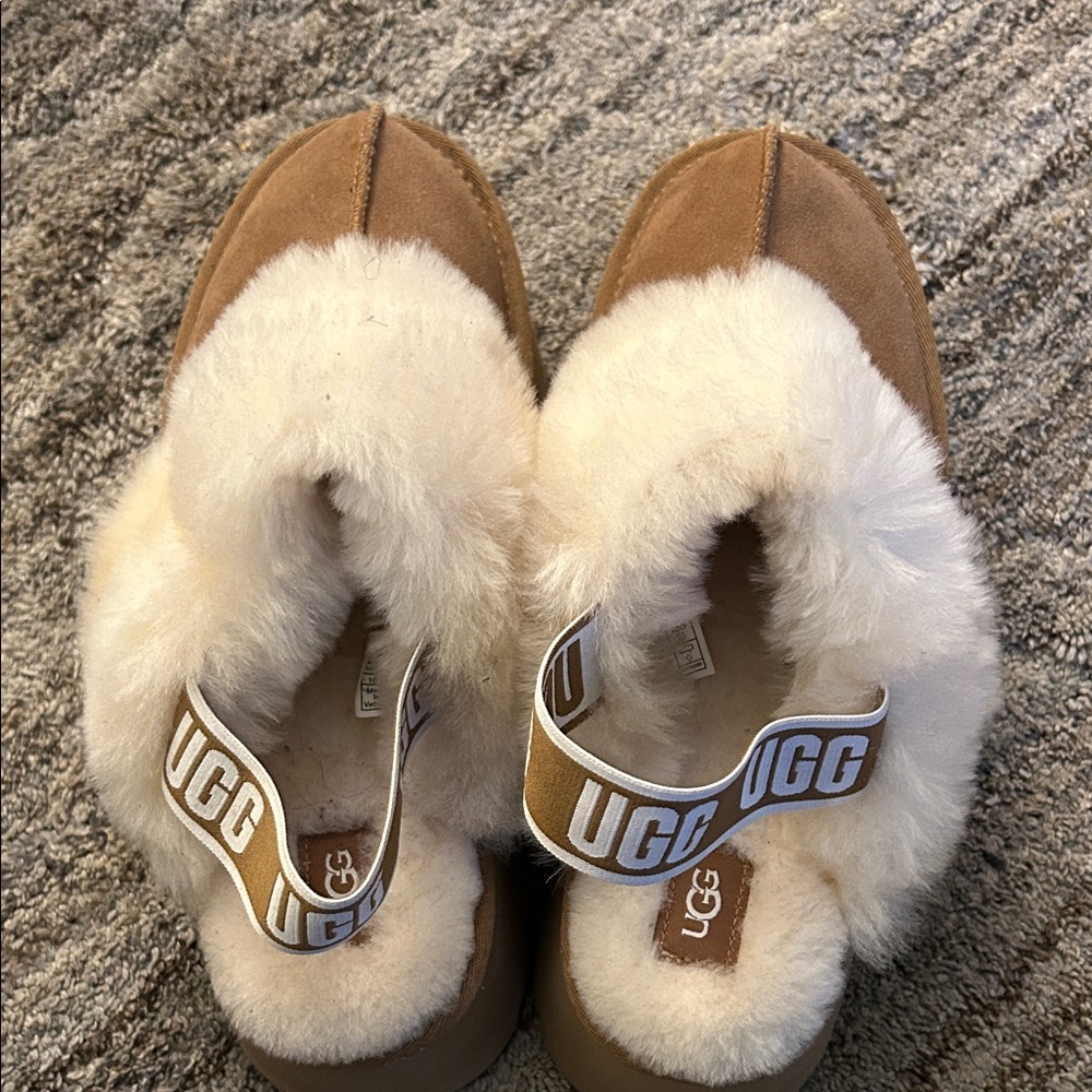 UGG Brown and Cream Fluffy Slippers